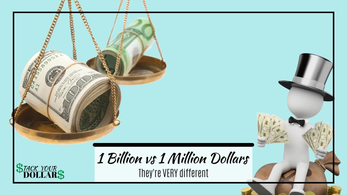 Scales weighing money. Title: 1 Billion vs 1 Million dollars