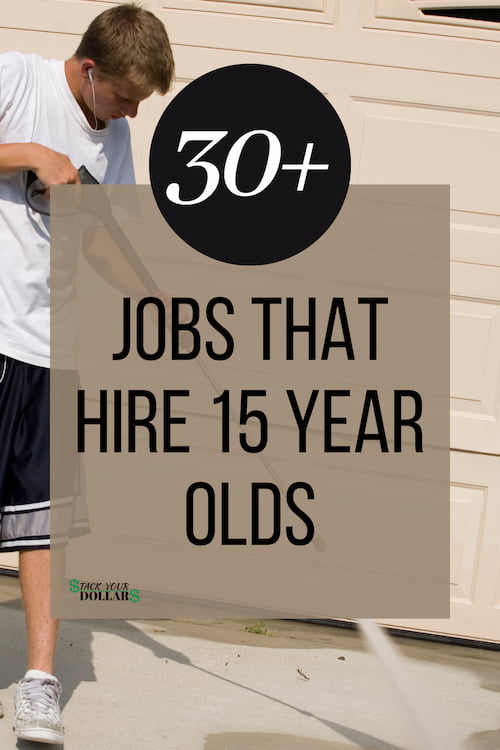 Male teen power washing outside a garage with title text, "30+ jobs that hire 15 year-olds".