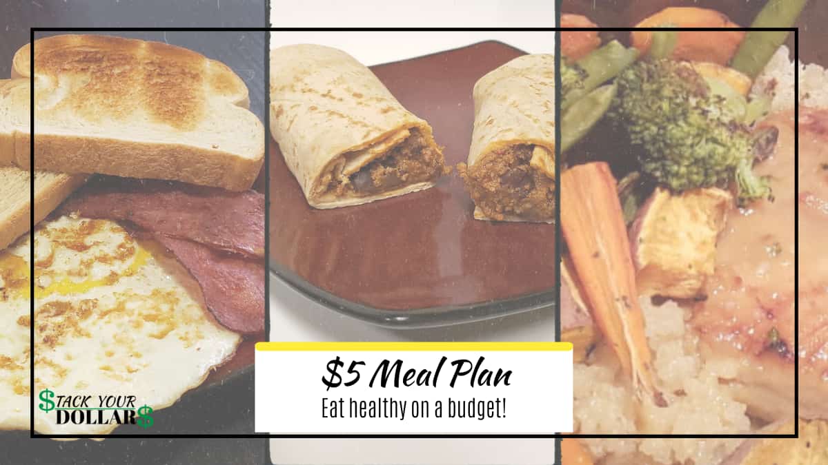 $5 Meal plan with pictures of breakfast, lunch and dinner