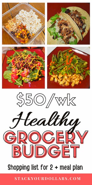 Healthy grocery budget pin with four different meals