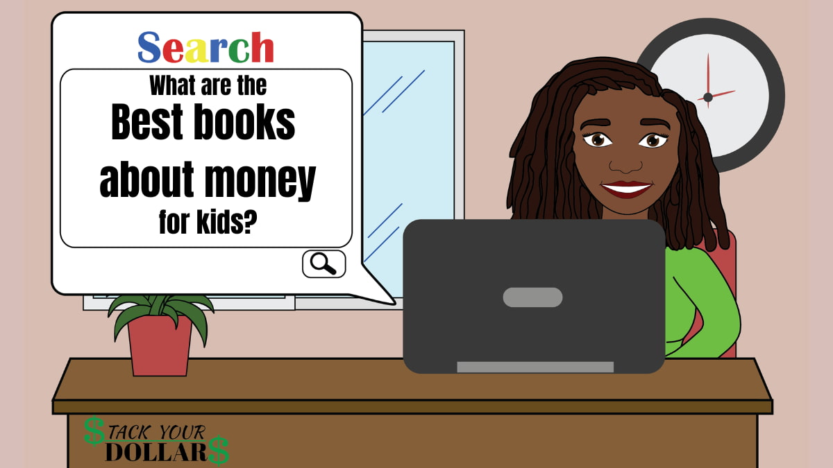 Cartoon image of internet search for books about money for kids