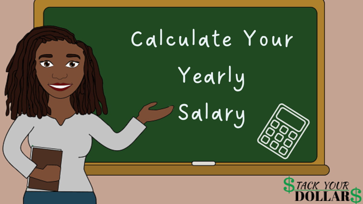 Cartoon chalkboard lesson of how to calculate your yearly salary