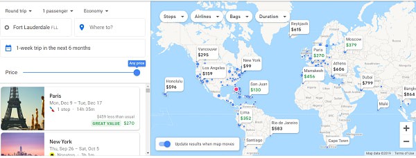 Google flights results from FLL