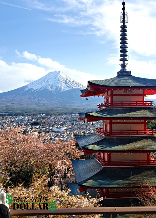 View of Mount Fuji with Chureito Pagoda to side
