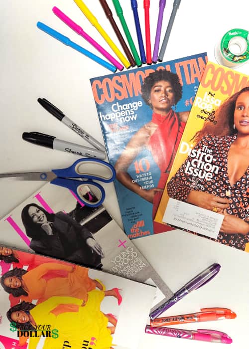 Supplies to create a vision board: magazines, markers, pens, scissors, tape.