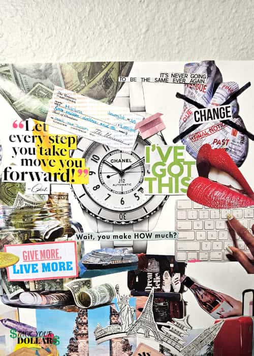 The financial freedom section of my vision board with images of a ball of money, a jar of money, quotes like, "I've Got This," a manifestation check, and hands on a keyboard.