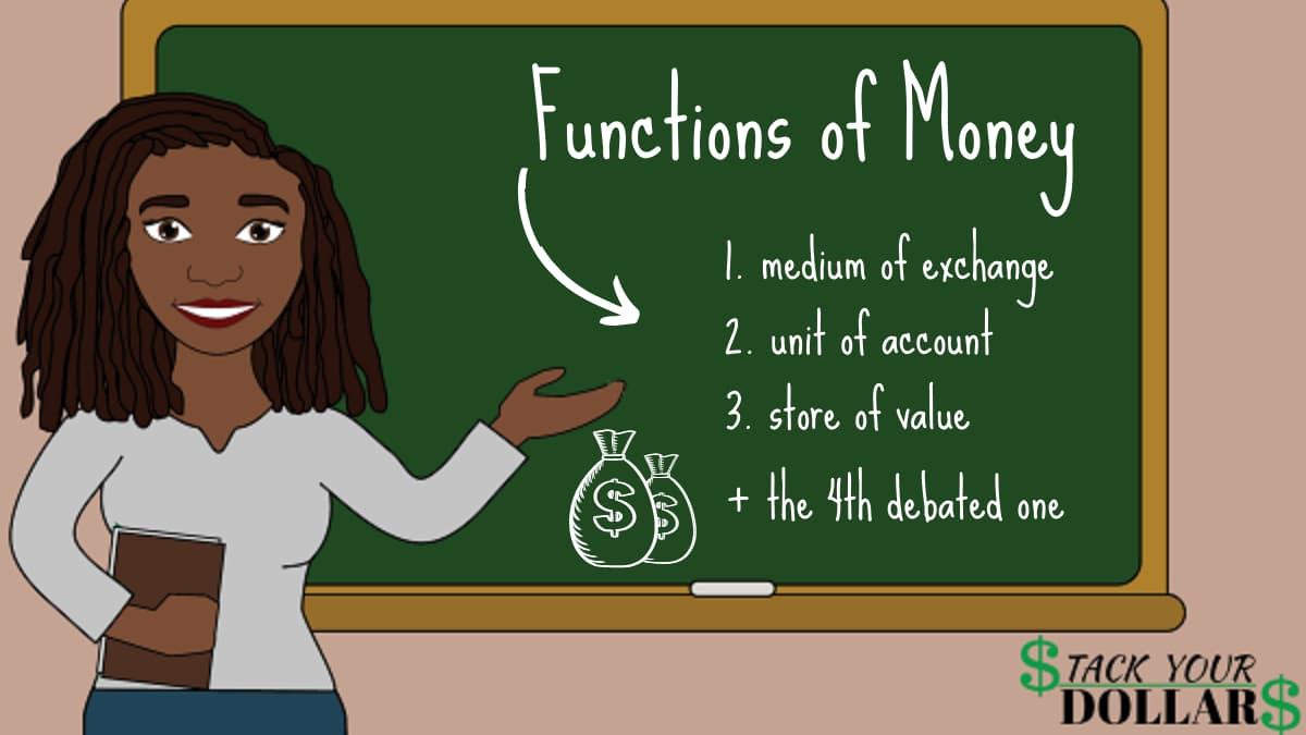 Chalkboard lesson showing the 3 functions of money