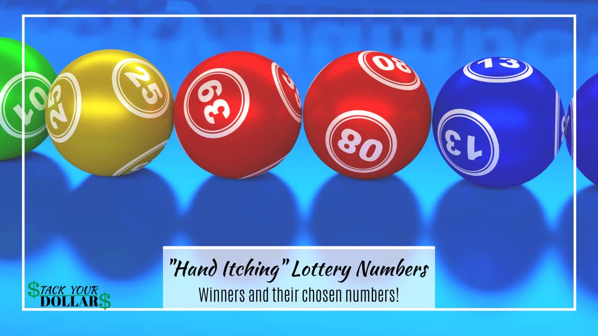 Lottery balls with title text: Hand itching lottery numbers