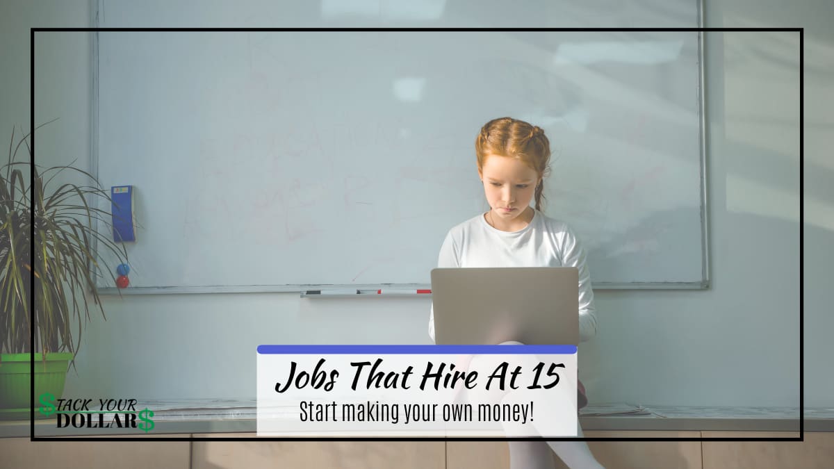 Female child working on a computer with title text: Jobs that hire at 15