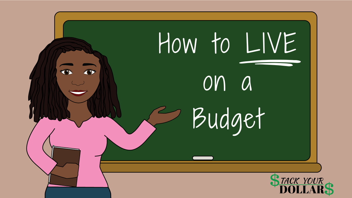 Cartoon woman at chalkboard and title "How to live on a budget"