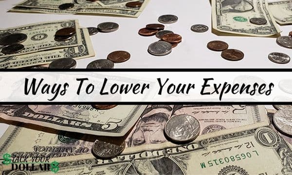 Scattered money with overlaid text: Ways to lower your expenses