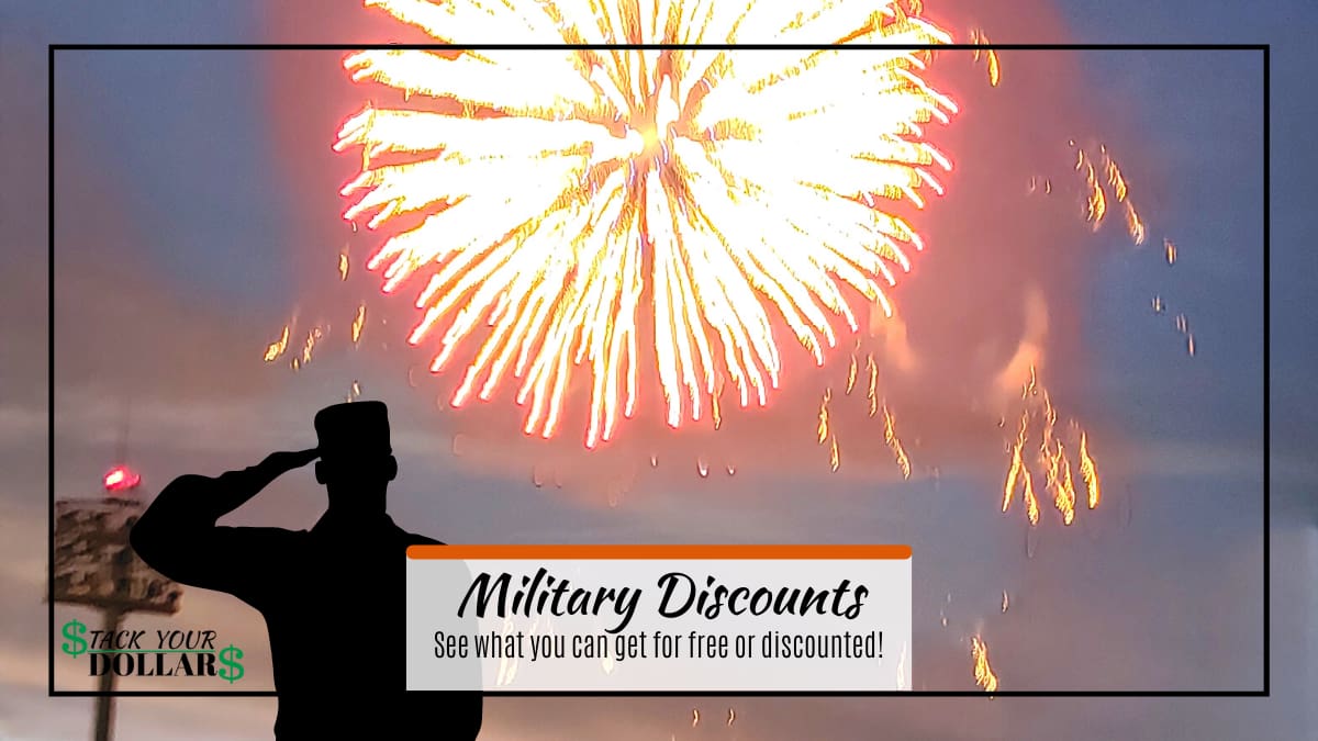 Fireworks with a silhouette saluting. Title, "Military Discounts."