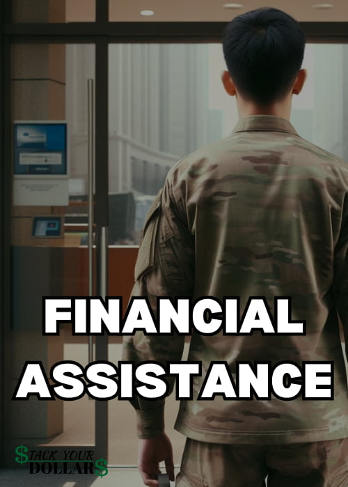 Title of "Financial Assistance" over a background of a military person walking into a bank