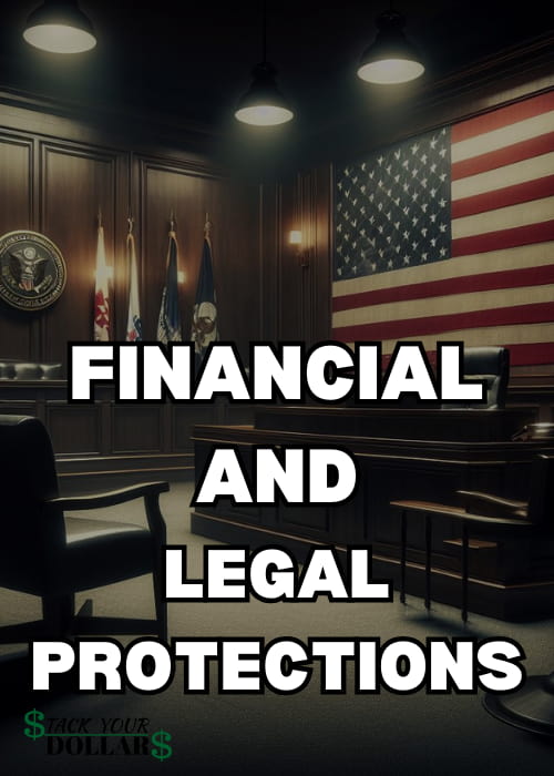 Title of "Financial and Legal Protections" over a background of a military courtroom