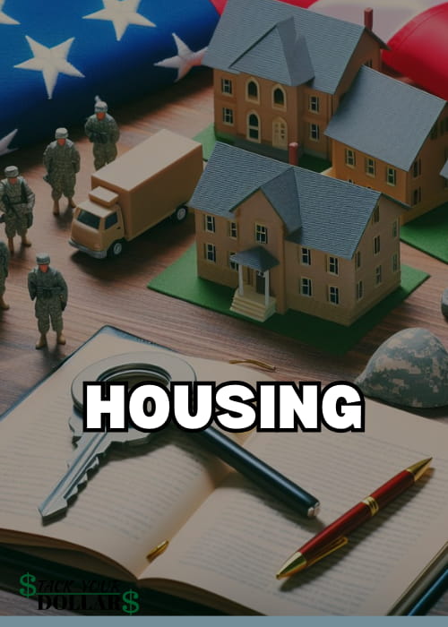 Title of "Housing" over a background of figurines of military personnel, houses and keys