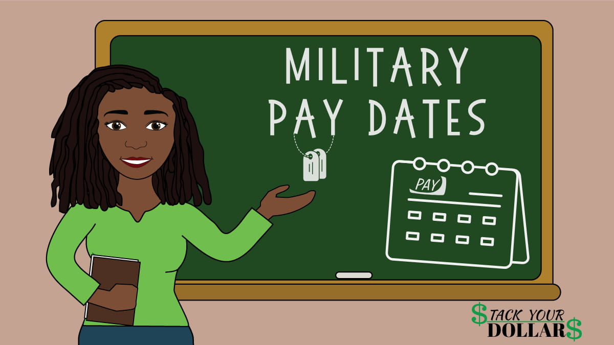 Military Pay Dates written on chalkboard with cartoon woman