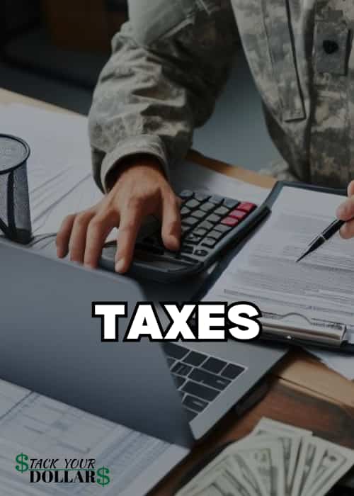 Title of "Taxes" over a background of hands in a military uniform crunching numbers on a calculator