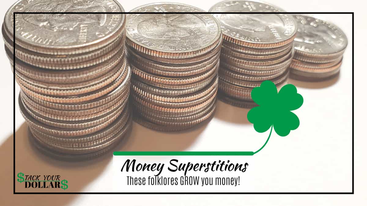 Money superstitions text over stack of coins