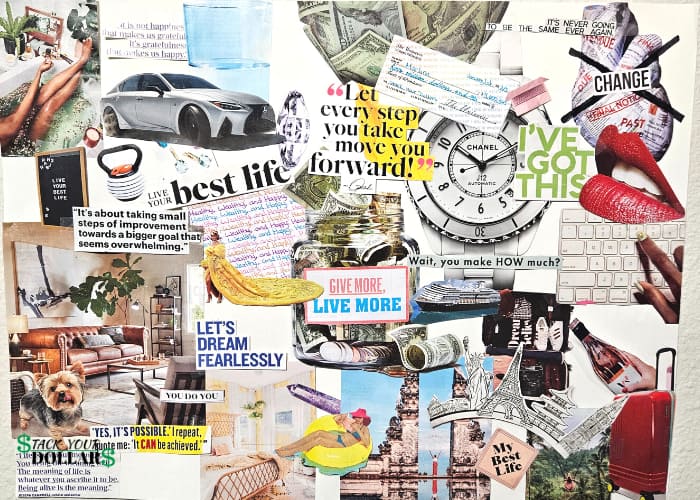 My sample money vision board with a variety of images to manifest my goals.