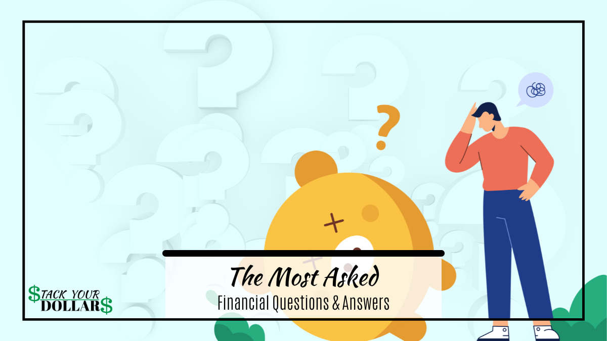 Cartoon man with question mark and piggy bank: Title: The most asked financial questions and answers