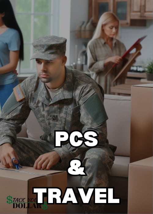 Title of "PCS & Travel" over a background of a military family unpacking boxes