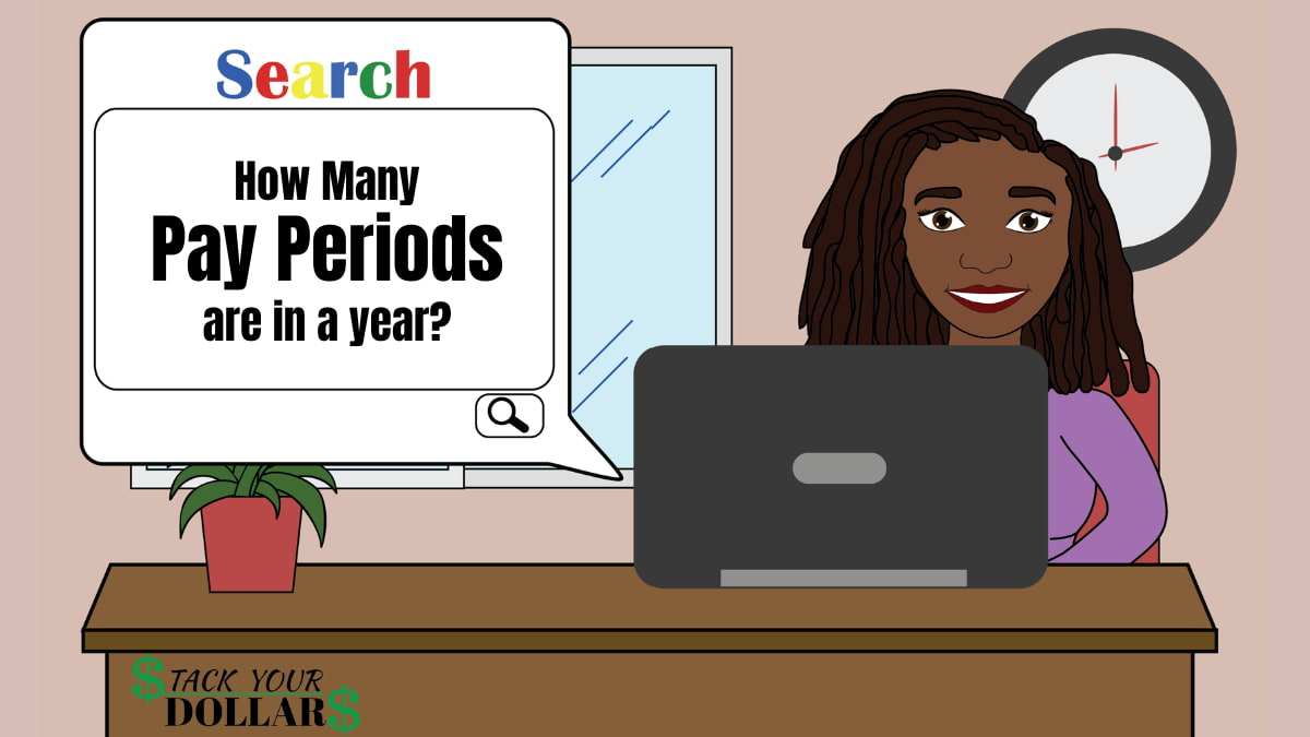 Cartoon woman searching on computer "How many pay periods in a year"