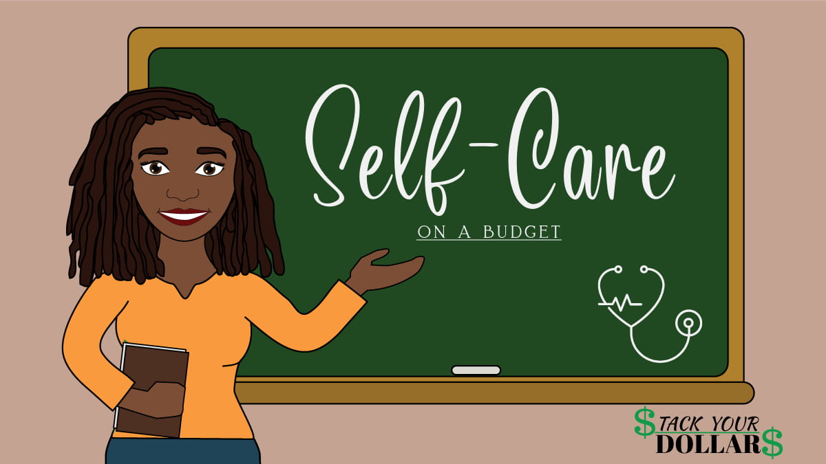 Cartoon chalkboard lesson about self-care on a budget
