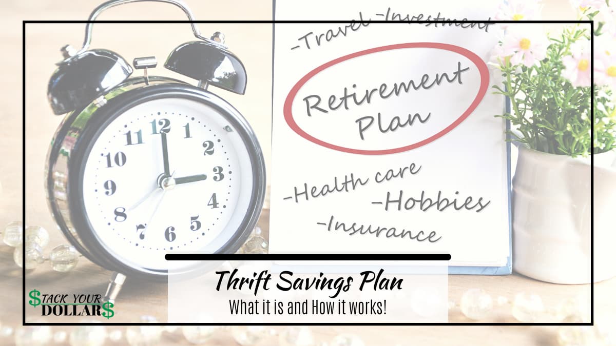 Thrift savings plan text and clock picture with retirement plan circled