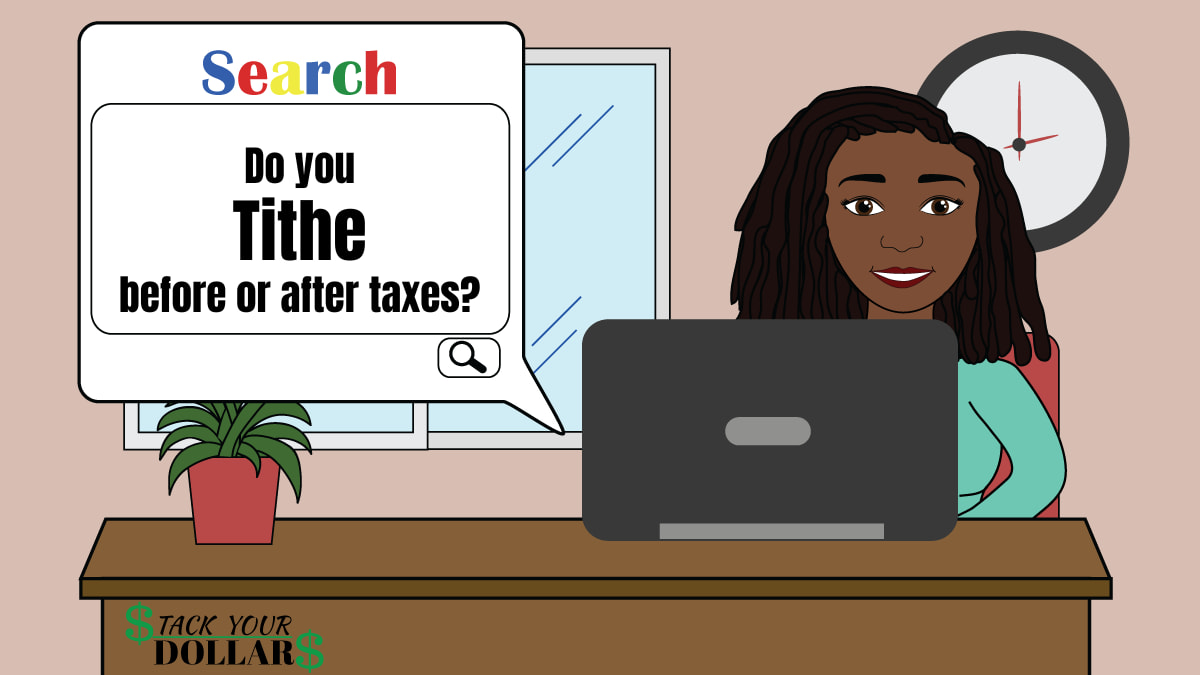 Cartoon woman searching on computer. "Do you tithe before or after taxes?"