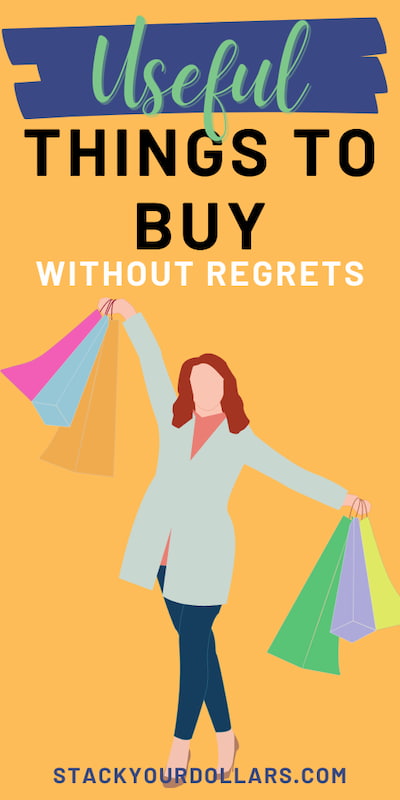 Cartoon woman with shopping bags and title "Useful things to buy without regrets"