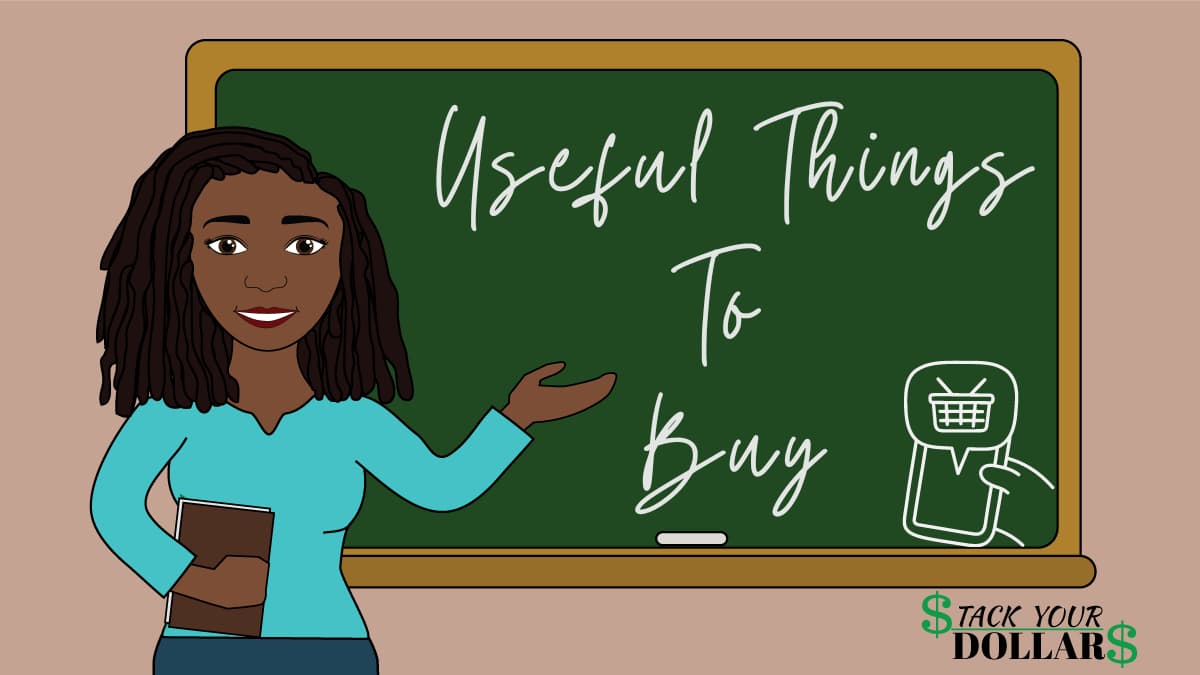 Cartoon woman at chalkboard and title "Useful things to buy"