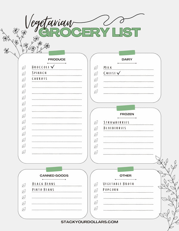 Vegetarian grocery list with fillable space of items to buy on shopping trip