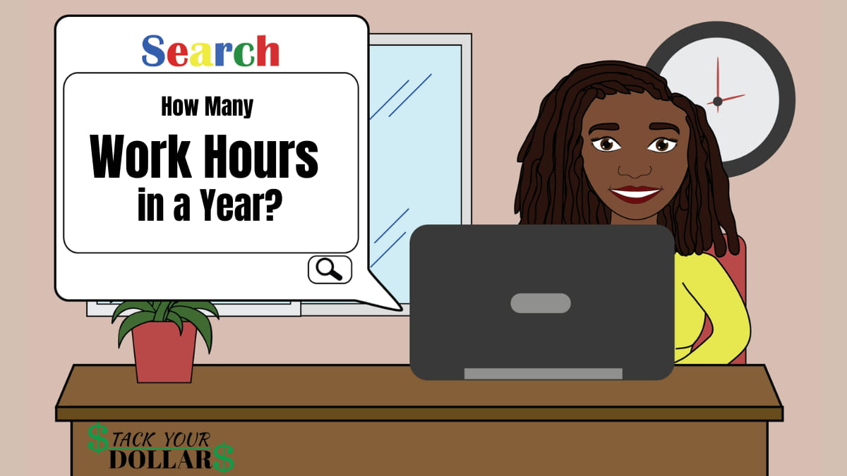 A woman searching on a computer for "how many work hours in a year"