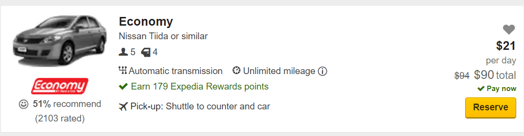 Economy showing the best car rental prices using Expedia